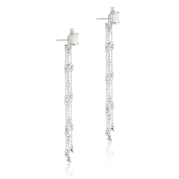 Brinco Ágata leitosa Franja removível Banho ródio branco Zircônias 10g Alt 10cm Larg 1cm