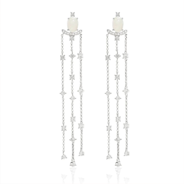 Brinco Ágata leitosa Franja removível Banho ródio branco Zircônias 10g Alt 10cm Larg 1cm