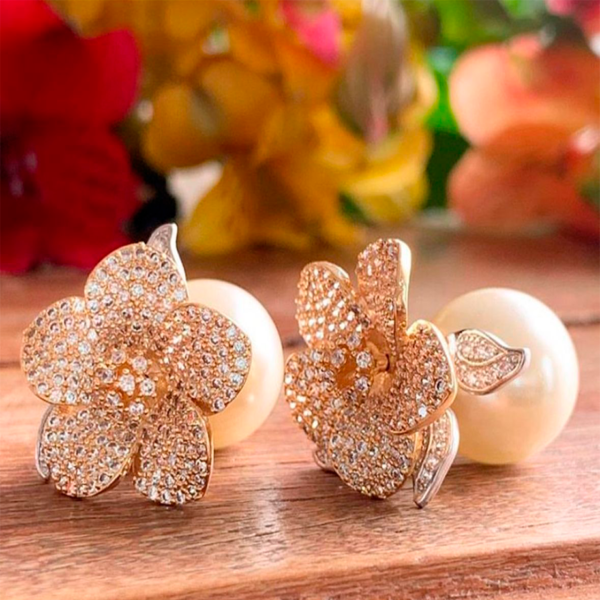 Brinco ear jacket Flor Banho ouro 18k Zircônias e pérola