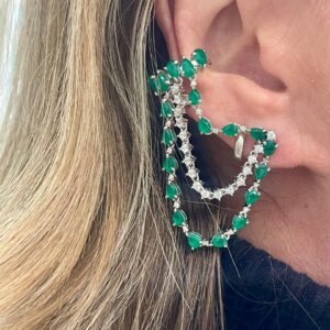 Brinco Earcuff Prata 925 banho ródio branco Esmeralda Fusion